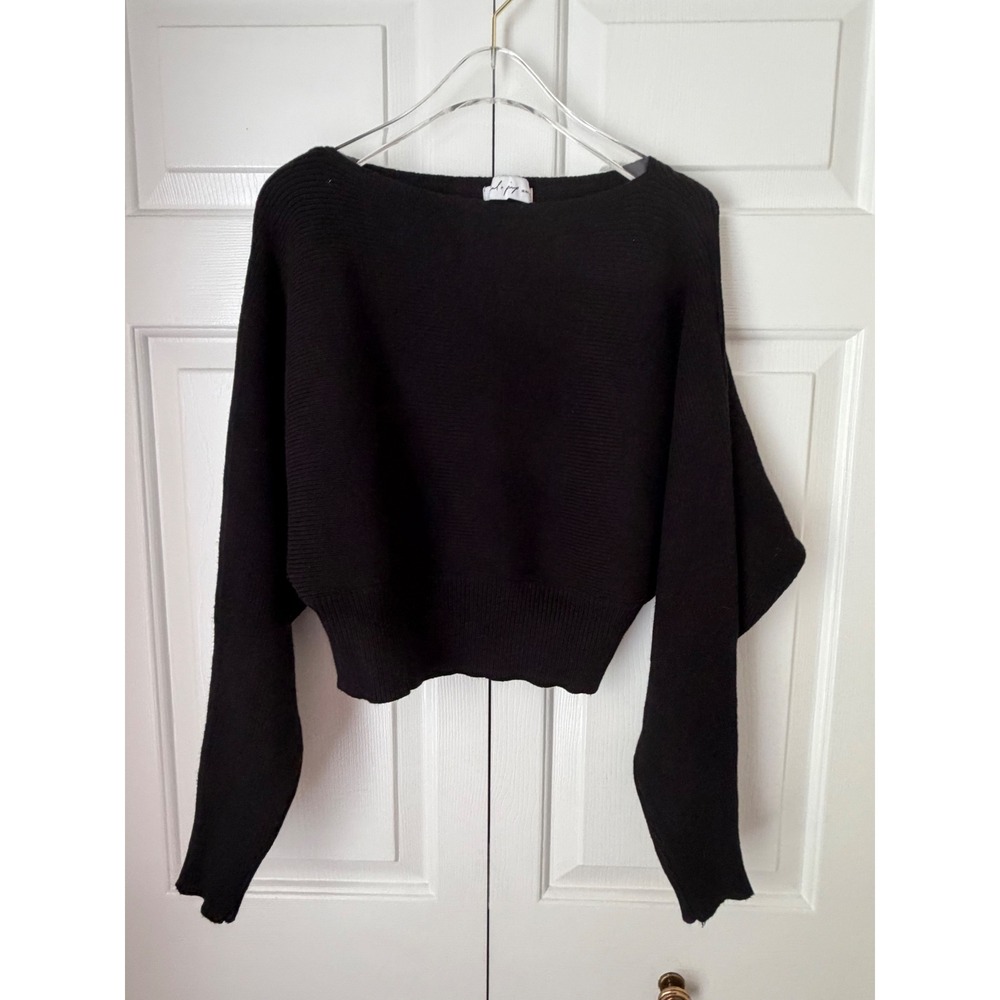 Petal & Pup Sweater Women M/L Black Ribbed Knit Batwing Sleeve Cropped Boat Neck